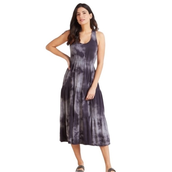 SUNDRY for EVEREVE Malibu black and gray tie-dye tiered midi dress 1 Sundress - Picture 1 of 9